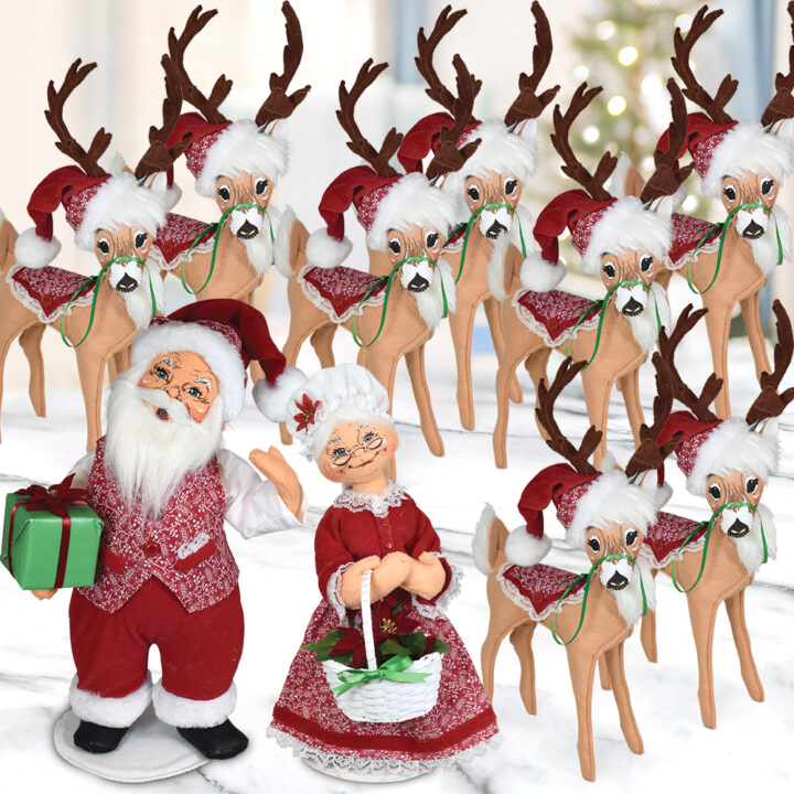 2023 15in Poinsettia Santa-Mrs-8 Reindeer Set